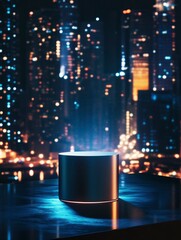 3D rendering of a podium product displayed at night, with city lights in the background creating a dynamic ambiance, and focused light on the product. copy space , ai