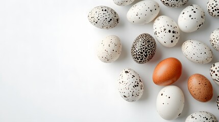 Fototapeta premium Quail eggs, speckled eggs, scattered arrangement, pure white background, copy space for text, flat lay photography, high resolution, soft lighting, minimalist composition, food photography.