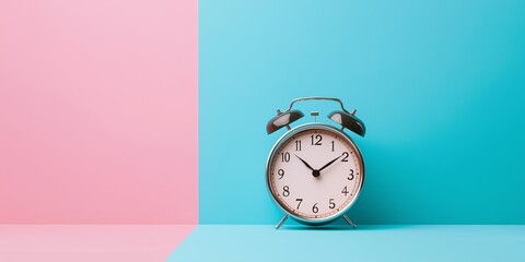 A clock with the hands on the number 3 and 6. The clock is on a blue and pink background