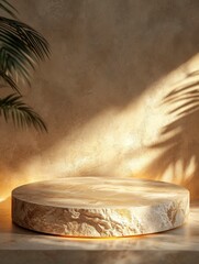 3D rendering of a podium product on a textured stone surface, with warm golden lighting to create a welcoming atmosphere. copy space , ai