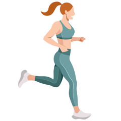 vector realistic image of a slim girl in a sports uniform (leggings and a sports bra) is engaged in fitness, sports, trains isolated on a white background. the woman is running. morning run. jogging.