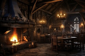 Medieval tavern architecture fireplace furniture.