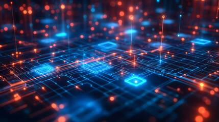 Fototapeta premium Abstract image of a futuristic digital network featuring glowing blue and red nodes connected by intricate pathways, symbolizing advanced technology and data connectivity. 