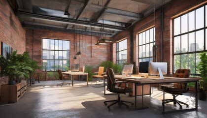 Urban Fusion: 3D Render of a Contemporary Loft Office with Industrial Flair"