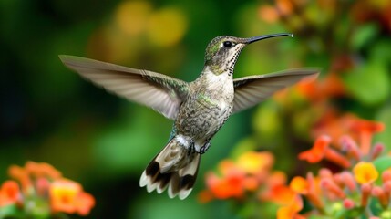 Fototapeta premium Hummingbirds hover with rapid wing beats, sipping nectar from colorful flowers with long beaks.