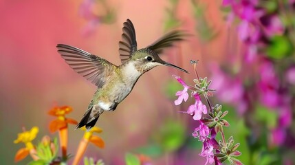 Fototapeta premium Hummingbirds hover with rapid wing beats, sipping nectar from colorful flowers with long beaks.