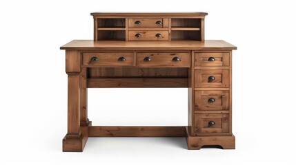 Illustrate a classic wooden writing desk with drawers and a hutch, perfect for creating a cozy and productive workspace.