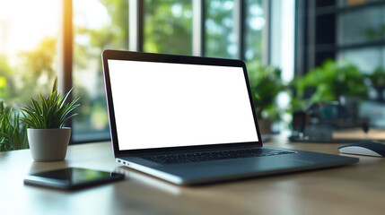 Fototapeta premium A laptop with a blank screen on a modern office desk, accompanied by a smartphone and potted plant, with natural light streaming through the window. 