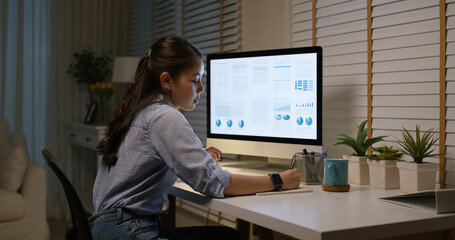 Young asia woman talent workforce people happy work hard late night busy sit at home office desk read sale plan report data online on desktop PC in hybrid workspace reskill upskill class for worker.