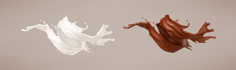 Milk and chocolate splash. Milkshake and melted brown choco. Realistic vector illustration