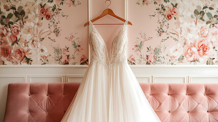 An image of a luxurious cream-colored wedding gown with a beaded bodice and flowing chiffon extravagant skirt.