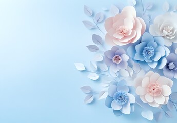 Fototapeta premium Delicate Paper Flowers Bloom on a Soft Blue Background, Creating a Dreamy and Romantic Atmosphere