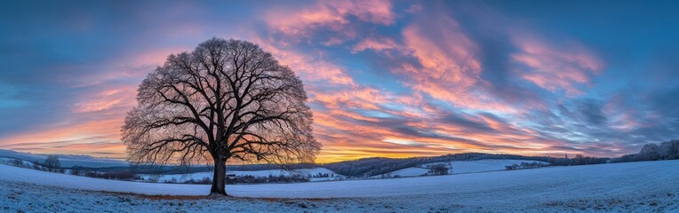 Beautiful sunset over a snowy field with a solitary tree