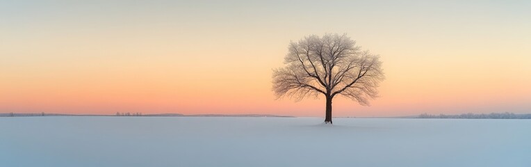 Lonely tree in a snowy field at sunset during winter