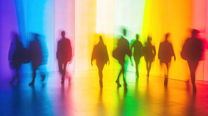 People walking in a rainbow-colored office space with motion blur effect