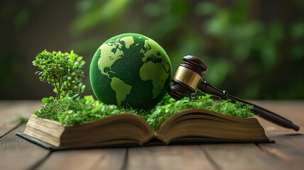 A green globe and gavel placed on an open book with plants, representing environmental law, global sustainability, and legal advocacy for nature.
