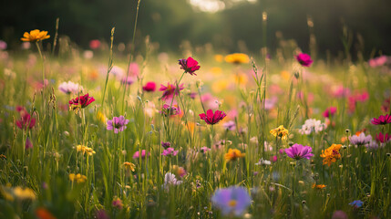 Spring flower meadow in the morning