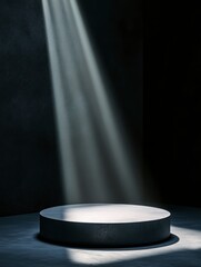 3D rendering of a podium product with a metallic surface, featuring dramatic shadows and a spotlight effect, placed on a dark stage to create a contrast. copy space , ai