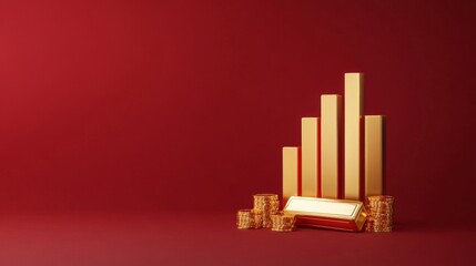 Golden Success: 3D Illustration of Rising Bar Chart and Ingot for Business Growth Strategies