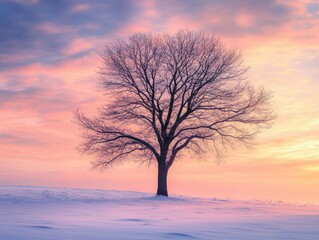 Lonely tree silhouetted against a colorful winter sunset