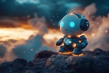 Naklejka premium Small blue robot exploring a rocky alien landscape under a starry sky highlighting exploration