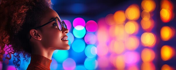A woman with a natural tan, smiling as she admires artwork in a gallery