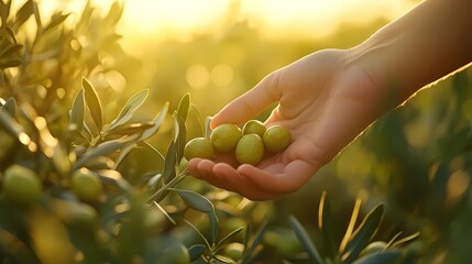Fototapeta premium close up of a woman's hand touching olive in a olives garden