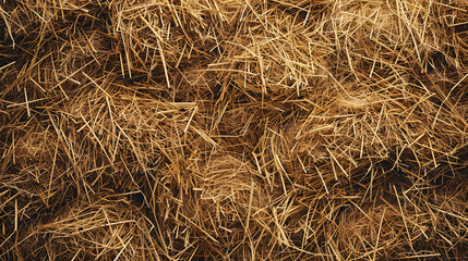 Close-up of dry straw and hay creating a textured, abstract brown background. Organic, rustic, and natural composition