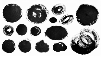 Set of round black brush strokes. Grungy texture. Hand drawn art.