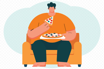 Flat vector illustration of a man eating pizza, showing food enjoyment, casual lifestyle, snack moment, and modern character design for web and print.