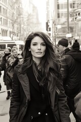 Fototapeta premium Brunette woman walks confidently through a busy urban crowd in winter