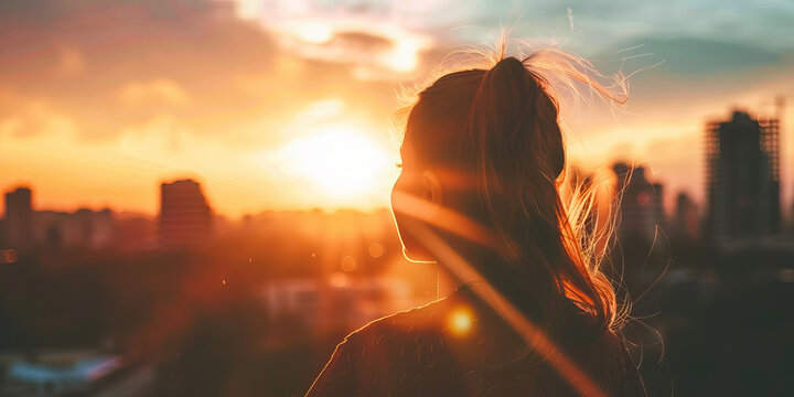 Silhouette of woman watching sunset city skyline urban environment peaceful reflection end of the day