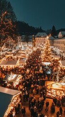 Aerial view of crowded square decorated with lights. Festive market, sale. People visit Christmas fair. Magic moments.
