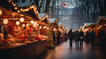 Christmas market in soft evening twilight, where the lights shine brightly, creating gentle bokeh effect. Focus on Christmas stalls with souvenirs.