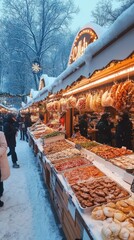 Discovering Delights at the Christmas Market. Curious and happy people, tourists buying souvenirs and food at Christmas market, festival outdoor.