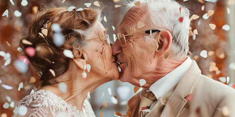 Lovely senior couple renewing their vows at their wedding day. Elderly married couple kissing on a backdrop of confetti and their guests.