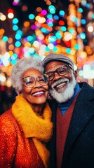 Obraz premium Stylish senior African American couple hugs at New Year street fair against background of warm festive garlands light. Bokeh effect.