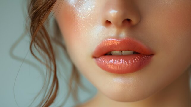 beautiful plump lips, close-up photo, realistic photo, soft pink shade, natural lip color