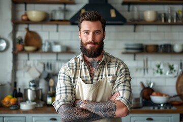 Blogger chef with beard and tatoos in beige checkered shirt in clean modern premium kitchen