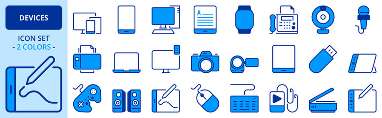 Icons in two colors about devices