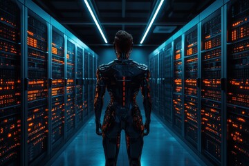 Fototapeta premium Man standing in a data corridor surrounded by glowing interfaces representing network management