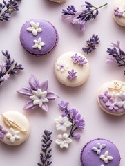 Lavender-themed macarons arranged decoratively with edible flower accents, showcasing a sweet treat concept