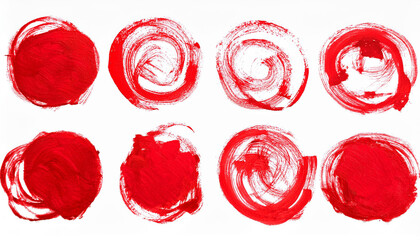 Set of round red brush strokes. Grungy texture. Hand drawn art.
