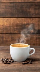 Obraz premium A steaming cup of coffee with a rustic backdrop, symbolizing warmth and comfort