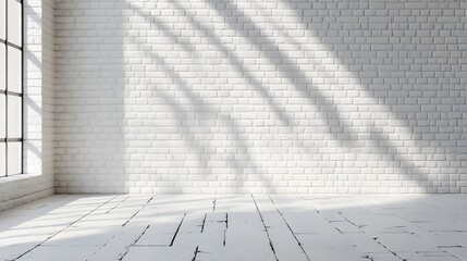 White brick wall, seamless texture, detailed brickwork, white stone floor, empty room, minimalist interior, soft lighting, high resolution, photorealistic, architectural photography.