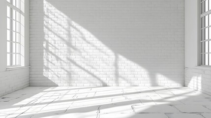 White brick wall, seamless texture, detailed brickwork, white stone floor, empty room, minimalist interior, soft lighting, high resolution, photorealistic, architectural photography.