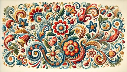 An elaborate ornamental design showcasing colorful flowers and graceful vines, exuding a classic yet dynamic aesthetic.