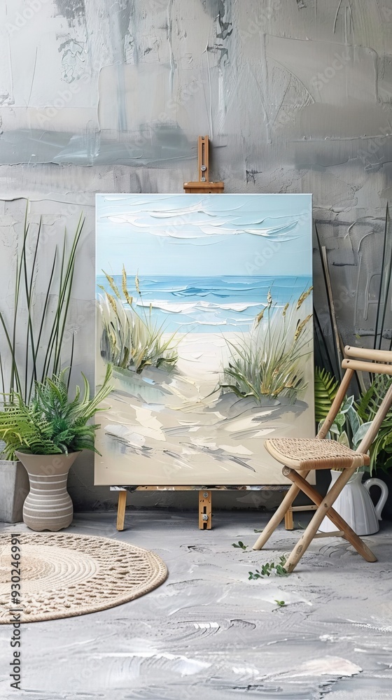 Poster A tranquil beach is portrayed with soft waves and coastal grasses on a stunning canvas, inviting viewers to immerse in the seaside ambiance
