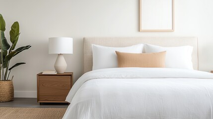 Fototapeta premium Cozy bedroom interior featuring a stylish bed, soft linens, and modern decor, ideal for relaxation and comfort.