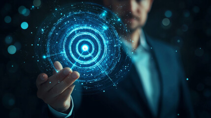 Businessman gesturing to protect a virtual blue dartboard with an arrow. Represents business achievement and objective target concepts.